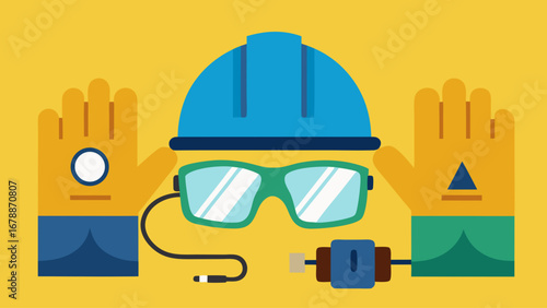 A collection of safety equipment including a hard hat, safety glasses, and gloves. Concept of caution and preparedness for potential hazards