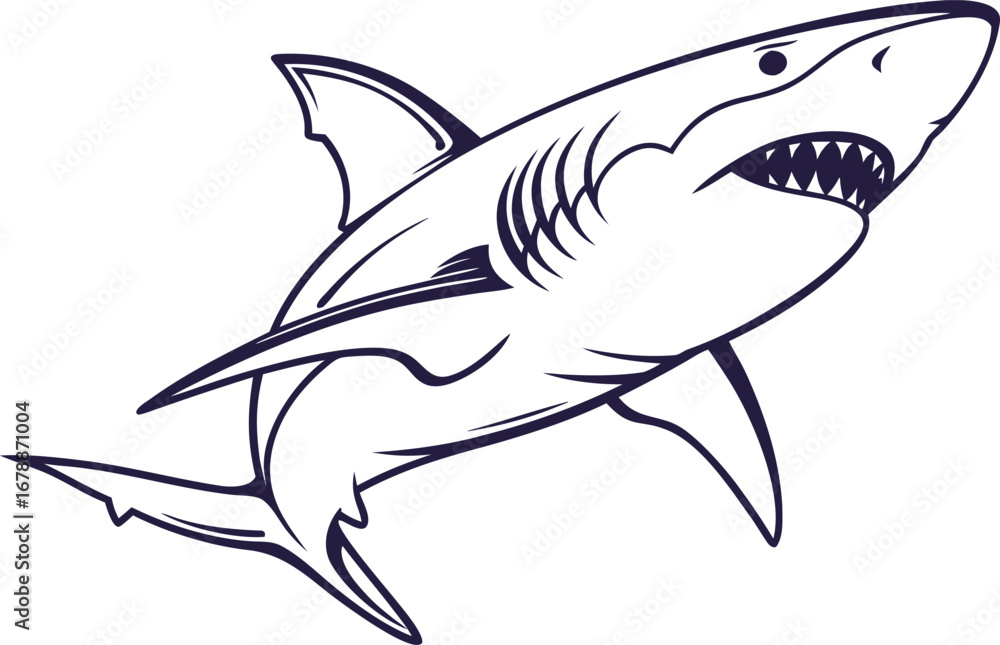Fototapeta premium Shark Illustration. Great White Shark Drawing. Cartoon Shark Artwork. Baby Shark Illustration. Realistic Shark Design. Funny Shark Cartoon. Ocean Shark Illustration. Shark Silhouette Artwork
