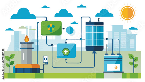 A drawing of a city with a factory and a power plant. The power plant is powered by a solar panel