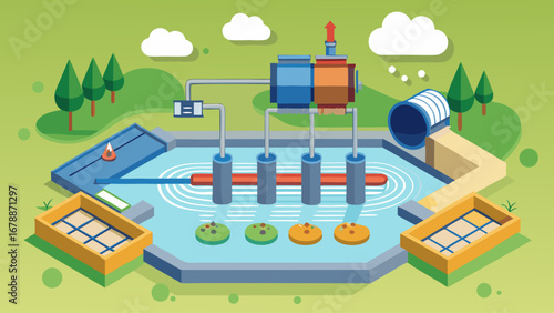 A blue and white drawing of a water treatment plant. The drawing is in a cartoon style and shows a water treatment plant with a large blue tank. The tank is surrounded by a series of pipes