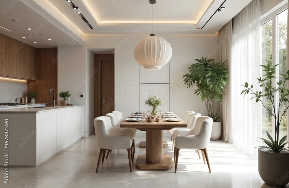 Fototapeta premium Luxurious white kitchen, dining room interior. Features elegant wooden dining table with chairs, sleek cabinetry, marble countertops, modern lighting. Large windows with sheer curtains illuminate