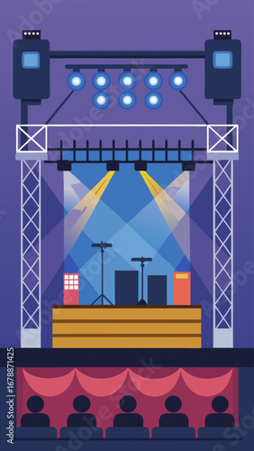A stage with lights and a DJ booth. The stage is set up for a concert. The lights are on and the DJ booth is ready for the performers