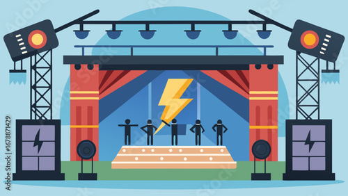 A stage with lights and a DJ booth. The stage is set up for a concert. The lights are on and the DJ booth is ready for the performers