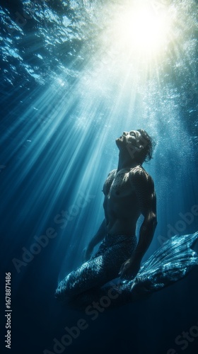 Photorealistic Muscular Merman with Scaly Tail Floating Underwater Facing Sunlight, Strong Expression, Lower Third Composition with Bright Space Above for Text, Modern Minimal Commercial Look