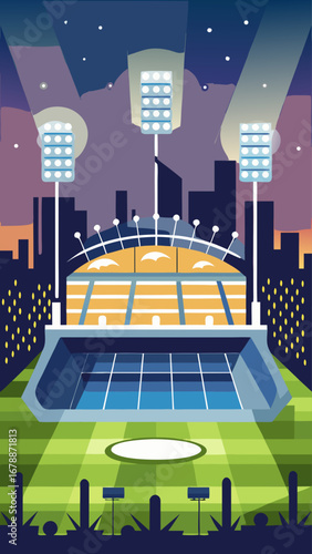 A stadium with a green field and a blue roof. The stadium is empty