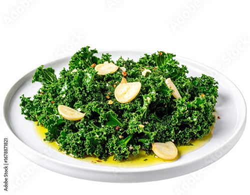 Sautéed Kale with Garlic and Olive Oil, Side Angle, isolated on transparent background.
