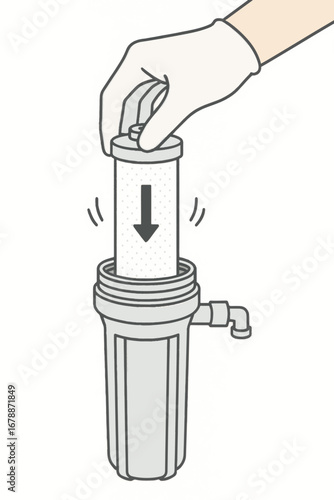 Vector drawing of hand inserting cartridge into water filter housing, minimal technical design for instructional or educational illustrations.