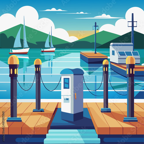 A beautiful blue ocean with a few boats docked at the pier. The scene is peaceful and serene