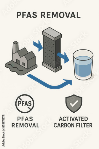 Vector infographic showing flow of contaminated water through activated carbon filter to clean output, ideal for scalable environmental visuals.