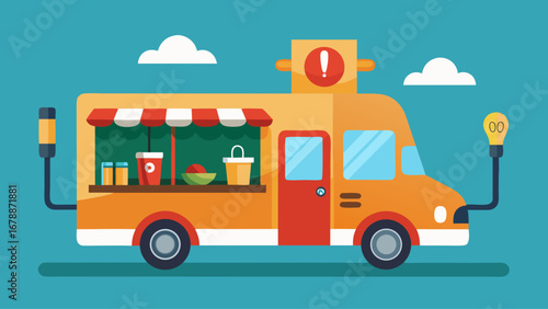 A yellow food truck with a red door and a sign that says "0" on it. The truck is parked on a street with a blue sky in the background