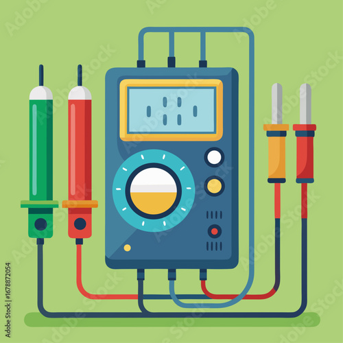 A multimeter is shown with its wires connected to a green background. The multimeter is a tool used to measure electrical current, voltage, and resistance
