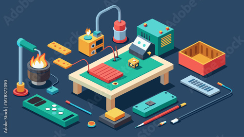 A colorful drawing of a factory with many machines and tools. Scene is lively and energetic, with a sense of creativity and innovation. The idea behind the drawing is to showcase the various tools