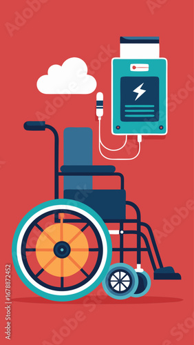 A wheelchair is next to a medical device and a suitcase. Concept of mobility and travel, as the wheelchair and suitcase are both associated with movement and transportation