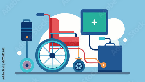 A wheelchair is next to a medical device and a suitcase. Concept of mobility and travel, as the wheelchair and suitcase are both associated with movement and transportation
