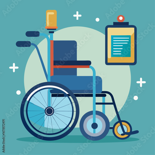 A wheelchair is next to a medical device and a suitcase. Concept of mobility and travel, as the wheelchair and suitcase are both associated with movement and transportation