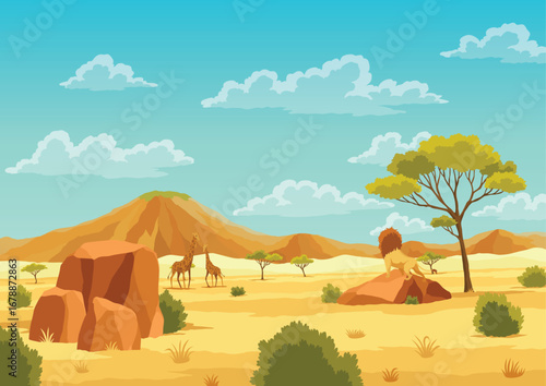 African savannah landscape. Beautiful nature landscape with cartoon animal character. African safari banner concept. Tropical tourism, exotic recreation poster. Wilderness savannah flat vector
