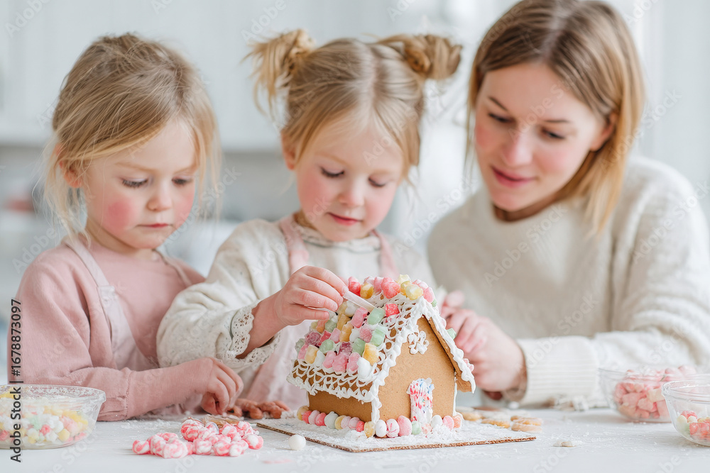 Fototapeta premium joyful family is decorating gingerbread house together sharing laughter and creating memories