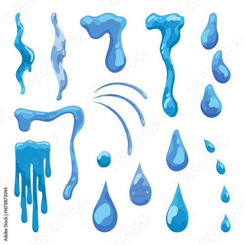 Cartoon tear drops icon set. Sorrow cry streams, tear blob or sweat drop. Crying fluid, falling blue water drops. Isolated vector set for sorrowful character weeping expression. Wet grief droplets