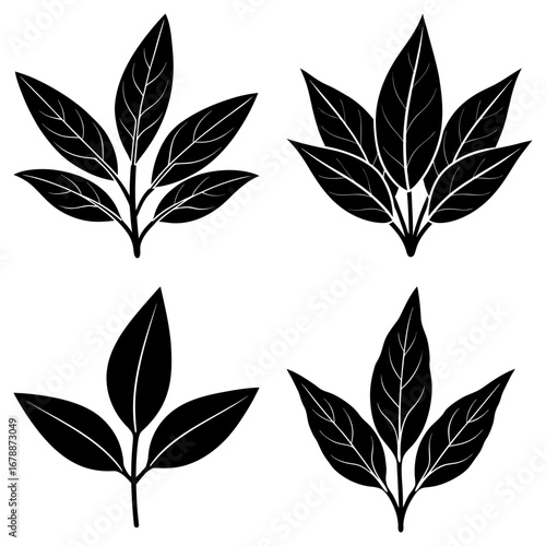Four black leaf groupings with varying leaf counts arranged on a white background in a square format