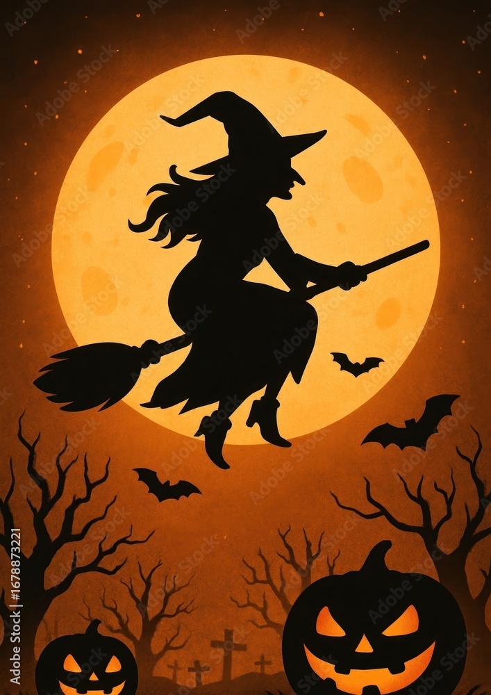 Fototapeta premium Witch flying Halloween night.