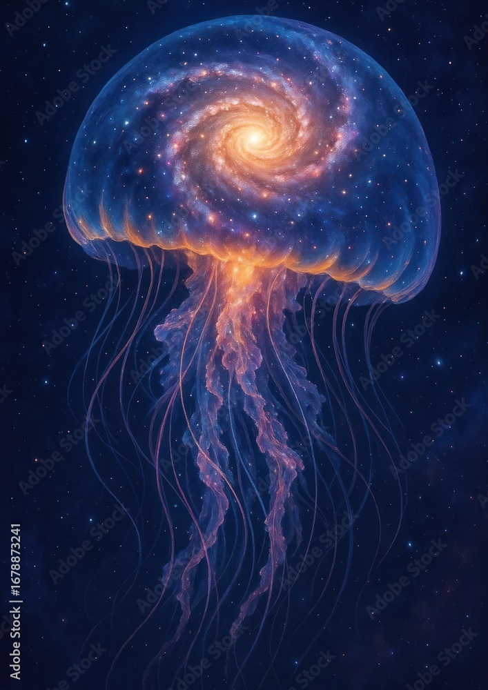 Naklejka premium Cosmic jellyfish illuminates starry universe.