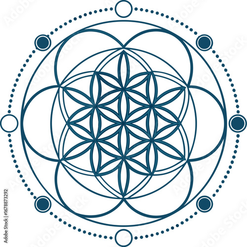 Illustration of sacred geometry symbol, the flower of life, , representing cosmic harmony and spiritual connection