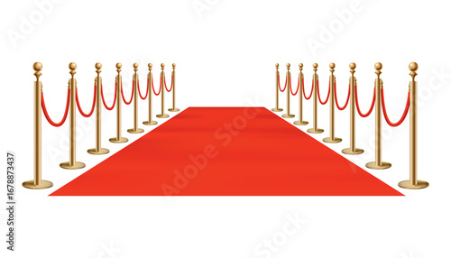 Red carpet golden barriers. Exclusive event. Red carpet, red ropes and golden stanchions. Movie premiere, gala, ceremony, award concept