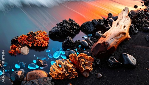 Lava and blue ocean water meeting on a volcanic black sand beach with beautiful orange coral, vivid turquoise glowing stones, and driftwood at sunset
