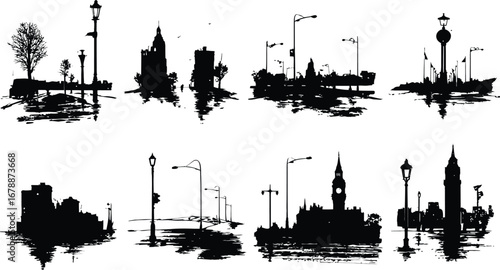 Silhouette illustrations of urban cityscapes featuring diverse architectural structures, street elements, and brushstroke textures, capturing the essence of metropolitan environments in a minimalist 