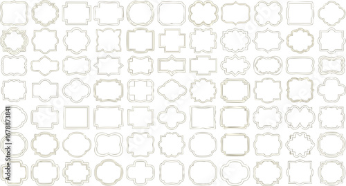A collection of various ornate, decorative frames, arranged in a grid pattern, all in a light, neutral color.