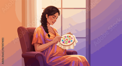Pregnant woman embroidering at home, creating colorful pattern on fabric. Home embroidering art is joyful activity for expecting mother, who prepares handmade gift for baby.