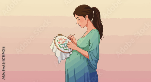 Pregnant woman doing embroidery, showcasing care and patience at home. The pregnant woman enjoys embroidery hobby and craft, carefully stitching a floral design on fabric.