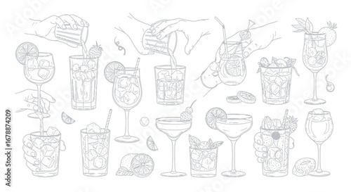 Vector Icons Set of A detailed hand drawn collection of various cocktails and bartender hands preparing drinks in a sketch style. EPS Editable