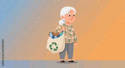 Senior woman carrying shopping bag with recycle symbol full of groceries for sustainable living, advocating ecological balance.