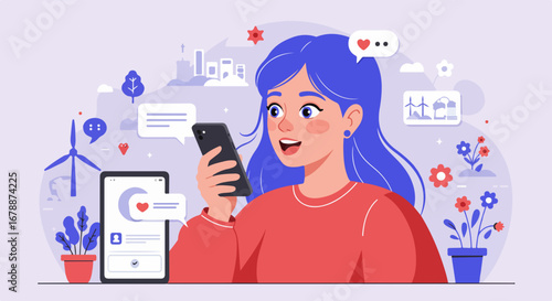 Happy girl using smartphone app, checking social media notifications. Young woman smiles while scrolling through messages and likes on mobile phone.