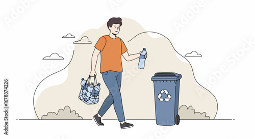 Man recycling plastic bottles in bag for cleaner environment.  Responsible waste management concept shows man placing plastic bottle into recycling bin.