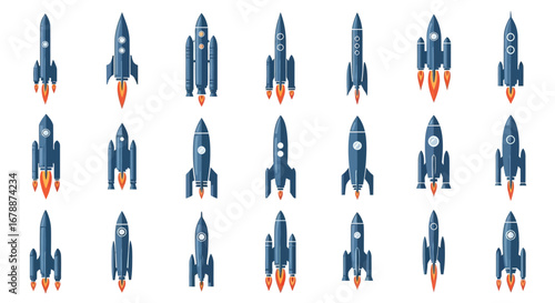 Vector Icons Set of A diverse collection of blue cartoon rocket ships launching into space isolated on a white background. EPS Editable