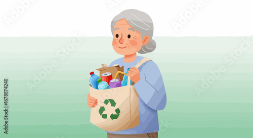 Senior woman with reusable shopping bag. Eco friendly grocery shopping bag filled with recycled items. Mature woman carrying sustainable bag shows commitment to environmental protection.