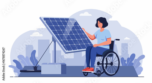 Renewable energy powers urban life as a person in wheelchair interacts with solar panels with city buildings.