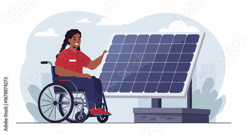 Woman in wheelchair pointing at solar panel.  Alternative energy source provides sustainable future for everyone.  Clean energy concept featuring person with disability.