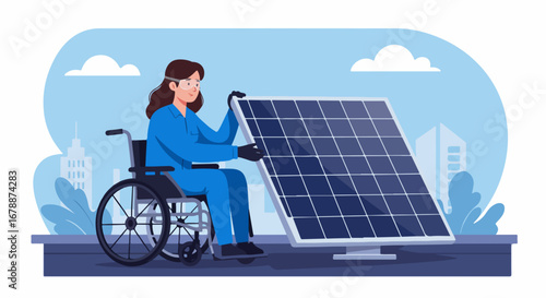 Solar panel installation on rooftop by female engineer demonstrates accessibility and sustainable solutions. Solar panel installation represents domestic power,