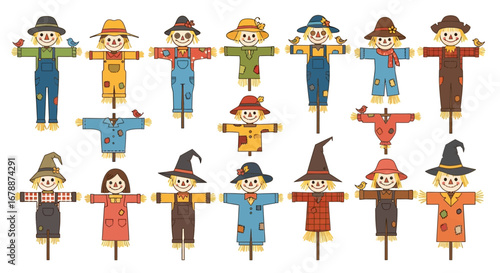 Vector Icons Set of A Diverse Collection of Cartoon Scarecrow Illustrations on White Background. EPS Editable