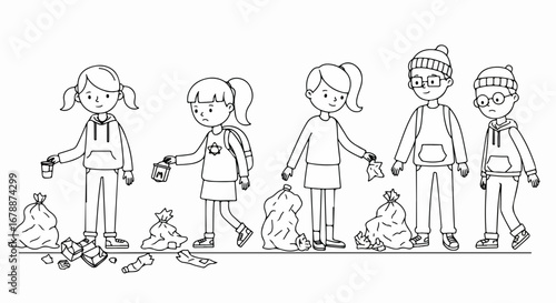 Cartoon illustration showcasing children cleaning up trash with trash bags during voluntary time, promoting environmental protection.