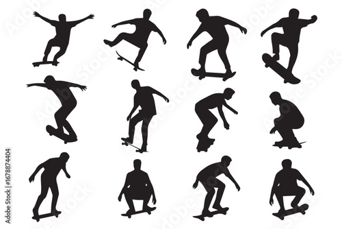 black silhouette skateboarders vector illustration of twelve action packed skateboarding tricks for urban extreme sports