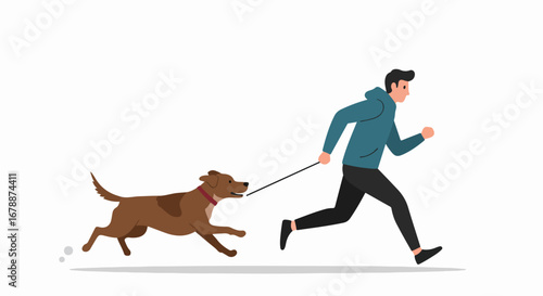 Running with dog features a brown dog excitedly pulling its owner forward. Energetic exercise of running with dog is depicted in this cartoon style image. Showing running with dog,