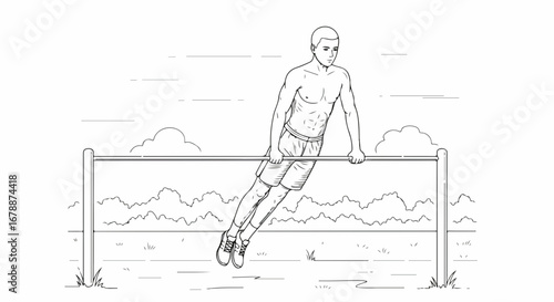 Person does dip exercise on fitness equipment for upper body strength. Dip exercise outdoors strengthens muscles of arms and shoulders, showing strength training.