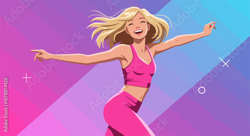 Energetic woman dancing with arms outstretched against vibrant backdrop, woman dancing with joy in pink activewear. Stylish woman dancing illustrates vitality and enthusiasm,