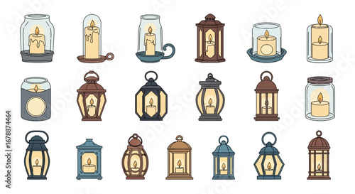 Vector Icons Set of A diverse collection of hand drawn vintage lanterns and candles in jars isolated on a white background. EPS Editable