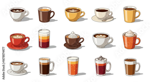 Vector Icons Set of A diverse collection of illustrated coffee drinks in various cups. EPS Editable
