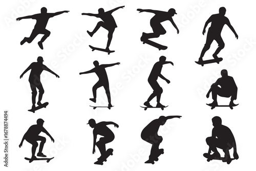 twelve black skateboarder silhouettes performing dynamic skateboarding tricks in vector format for sports design use